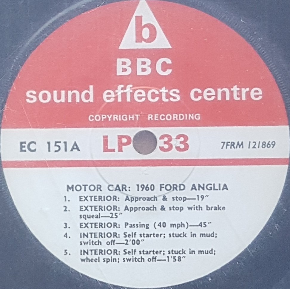 EC 151A Motor car: 1960 Ford Anglia Not registered from the BBC records and Tapes library Label